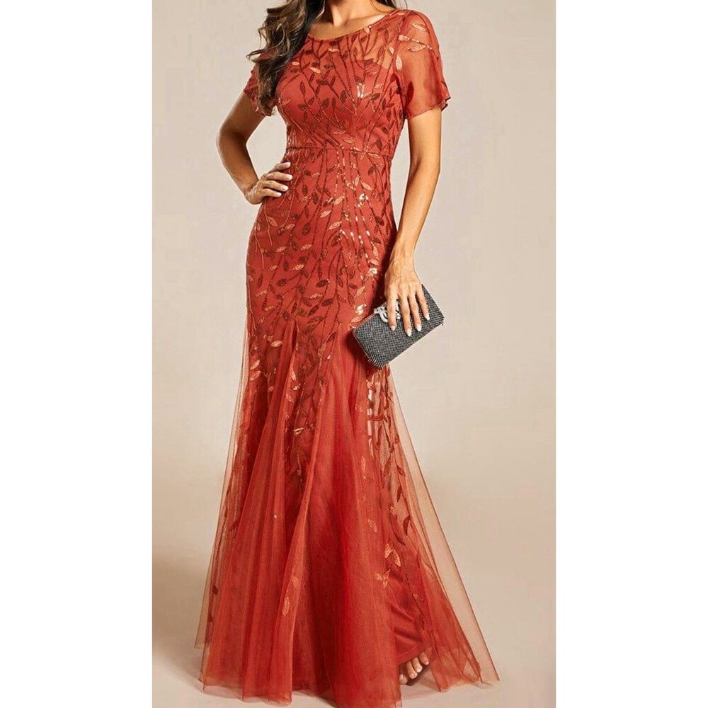 Ever-Pretty Women's Plus Sz 14 Rust Sequin Floral Tulle Long Gown Formal